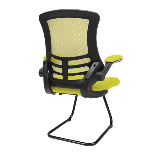47473NA | Complementing its task chair counterpart but by no means inferior, this contemporary designer visitor chair boasts folding arms, an AIRFLOW mesh seat, posture contoured mesh back with stylish black shell and a sturdy 35mm tubular black frame.