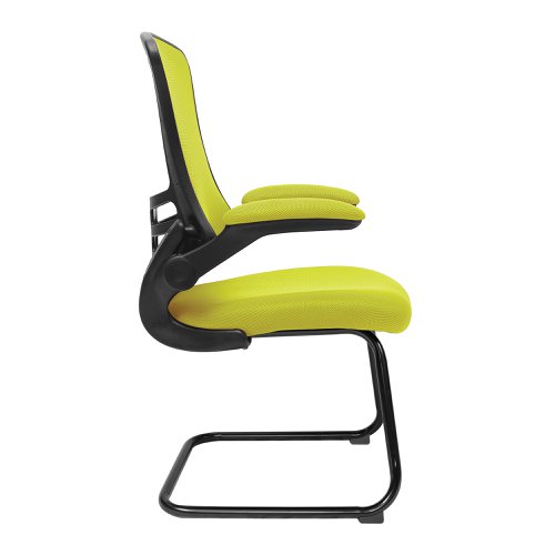 Nautilus Designs Luna Designer High Back Mesh Green Cantilever Visitor Chair With Folding Arms and Black Shell/Frame - BCM/L1302V/GN