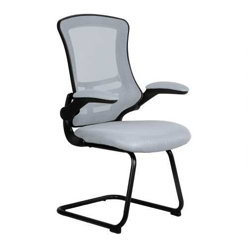 Luna Designer Medium Back Mesh Cantilever Chair with Black Shell, Black Frame and Folding Arms - Grey