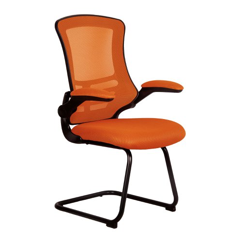 Luna Designer High Back Mesh Cantilever Chair with Black Shell, Black Frame and Folding Arms - Orange