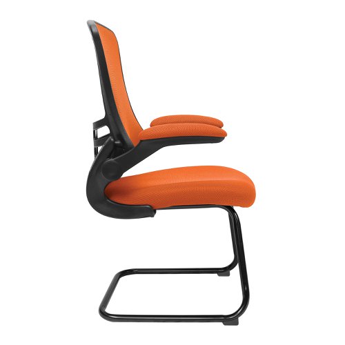 Nautilus Designs Luna Designer High Back Mesh Orange Cantilever Visitor Chair With Folding Arms and Black Shell/Frame - BCM/L1302V/OG