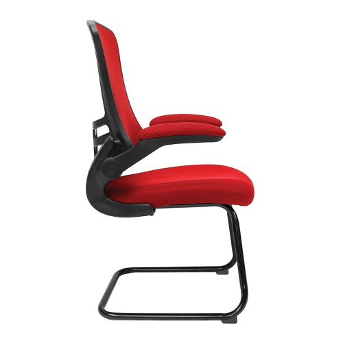 47459NA | Complementing its task chair counterpart but by no means inferior, this contemporary designer visitor chair boasts folding arms, an AIRFLOW mesh seat, posture contoured mesh back with stylish black shell and a sturdy 35mm tubular black frame.