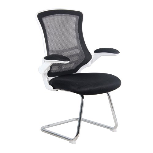 47480NA | Complementing its task chair counterpart but by no means inferior, this contemporary designer visitor chair boasts folding arms, an AIRFLOW mesh seat, posture contoured mesh back with stylish white shell and a sturdy 35mm tubular chrome frame.