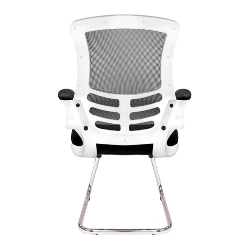 47480NA | Complementing its task chair counterpart but by no means inferior, this contemporary designer visitor chair boasts folding arms, an AIRFLOW mesh seat, posture contoured mesh back with stylish white shell and a sturdy 35mm tubular chrome frame.
