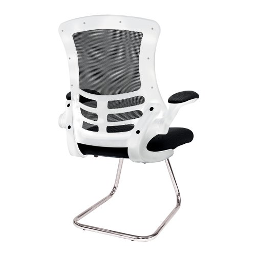 Nautilus Designs Luna Designer High Back Mesh Black Cantilever Visitor Chair With Folding Arms and White Shell/Chrome Frame - BCM/L1302V/WHBK