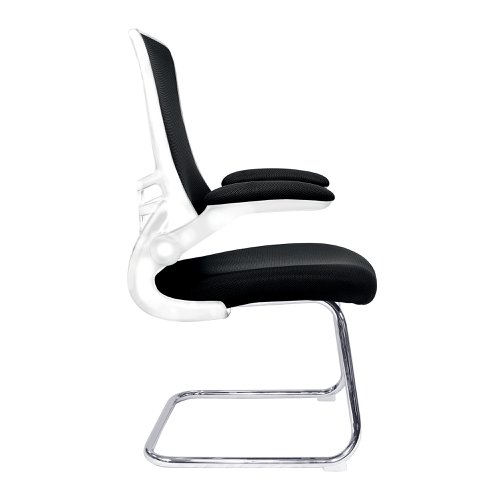 Nautilus Designs Luna Designer High Back Mesh Black Cantilever Visitor Chair With Folding Arms and White Shell/Chrome Frame - BCM/L1302V/WHBK