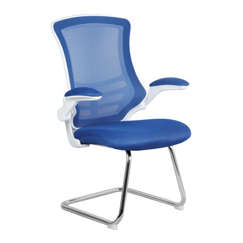 Luna Designer Medium Back Mesh Cantilever Chair with White Shell, Chrome Frame and Folding Arms - Blue