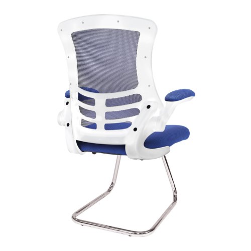 47487NA | Complementing its task chair counterpart but by no means inferior, this contemporary designer visitor chair boasts folding arms, an AIRFLOW mesh seat, posture contoured mesh back with stylish white shell and a sturdy 35mm tubular chrome frame.