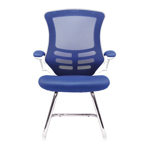 Nautilus Designs Luna Designer High Back Mesh Blue Cantilever Visitor Chair With Folding Arms and White Shell/Chrome Frame - BCM/L1302V/WHBL