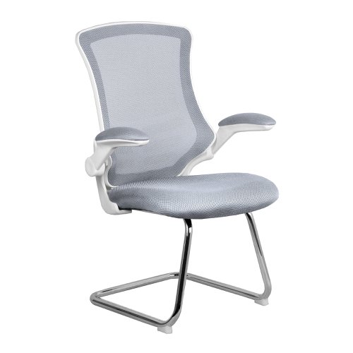 41621NA - Nautilus Designs Luna Designer High Back Mesh Grey Cantilever Visitor Chair With Folding Arms and White Shell/Chrome Frame - BCM/L1302V/WHGY