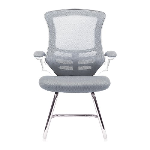 Nautilus Designs Luna Designer High Back Mesh Grey Cantilever Visitor Chair With Folding Arms and White Shell/Chrome Frame - BCM/L1302V/WHGY
