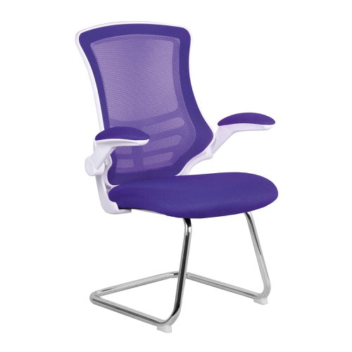 Luna Designer Medium Back Mesh Cantilever Chair with White Shell, Chrome Frame and Folding Arms - Purple
