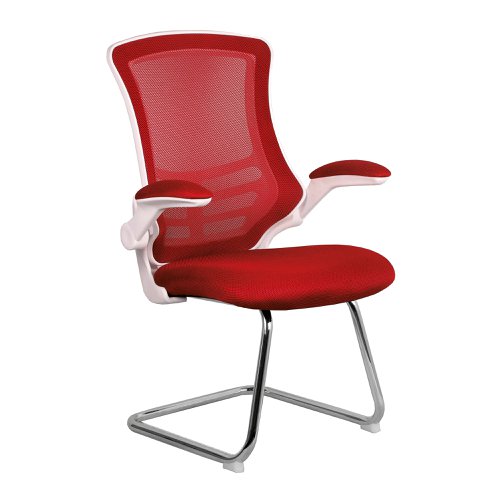 Nautilus Designs Luna Designer High Back Mesh Red Cantilever Visitor Chair With Folding Arms and White Shell/Chrome Frame - BCM/L1302V/WHRD