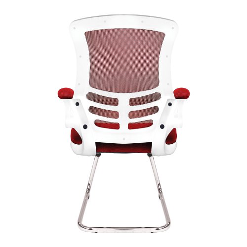 47494NA | Complementing its task chair counterpart but by no means inferior, this contemporary designer visitor chair boasts folding arms, an AIRFLOW mesh seat, posture contoured mesh back with stylish white shell and a sturdy 35mm tubular chrome frame.