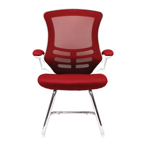 Complementing its task chair counterpart but by no means inferior, this contemporary designer visitor chair boasts folding arms, an AIRFLOW mesh seat, posture contoured mesh back with stylish white shell and a sturdy 35mm tubular chrome frame.