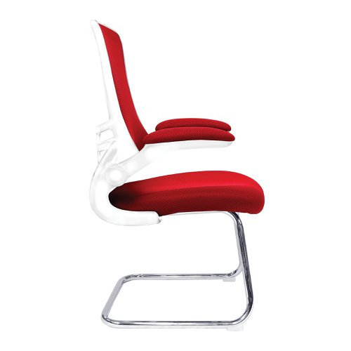 Nautilus Designs Luna Designer High Back Mesh Red Cantilever Visitor Chair With Folding Arms and White Shell/Chrome Frame - BCM/L1302V/WHRD 47494NA Buy online at Office 5Star or contact us Tel 01594 810081 for assistance