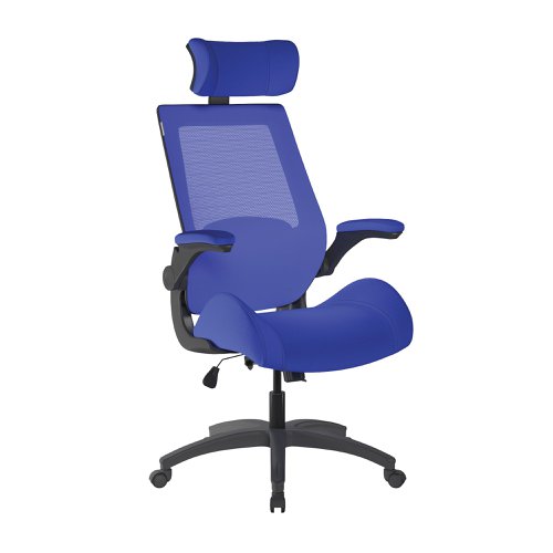 Resolute High Back Mesh Chair with High 28 Stone Weight Capacity, Deep Moulded Seat Foam, Folding Arms and Headrest, Certified for 24 Hour Use – Blue