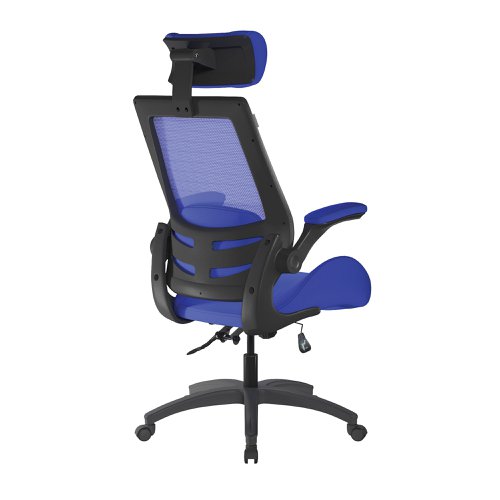 Resolute High Back Mesh Chair with High 28 Stone Weight Capacity, Deep Moulded Seat Foam, Folding Arms and Headrest, Certified for 24 Hour Use – Blue | BCM/L1305/BL | Nautilus Designs