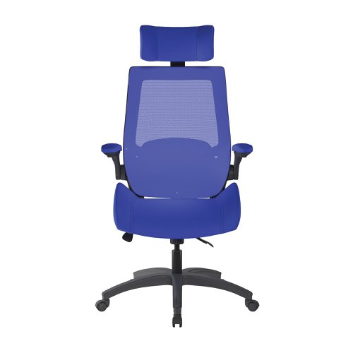 Resolute High Back Mesh Chair with High 28 Stone Weight Capacity, Deep Moulded Seat Foam, Folding Arms and Headrest, Certified for 24 Hour Use – Blue | BCM/L1305/BL | Nautilus Designs