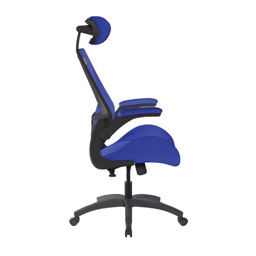 Resolute High Back Mesh Chair with High 28 Stone Weight Capacity, Deep Moulded Seat Foam, Folding Arms and Headrest, Certified for 24 Hour Use – Blue | BCM/L1305/BL | Nautilus Designs