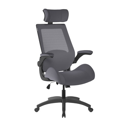 Resolute High Back Mesh Chair with High 28 Stone Weight Capacity, Deep Moulded Seat Foam, Folding Arms and Headrest, Certified for 24 Hour Use - Grey