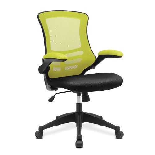 Luna Designer Medium Back Mesh Chair with Folding Arms - Green/Black