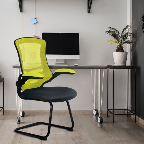 41642NA | Complementing its task chair counterpart but by no means inferior, this contemporary designer visitor chair boasts folding arms, an AIRFLOW mesh seat, posture contoured mesh back with stylish black shell and a sturdy 35mm tubular black frame.