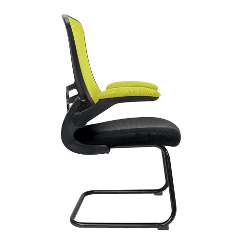 Nautilus Designs Luna Designer High Back Two Tone Mesh Cantilever Visitor Chair With Folding Arms and Black Shell Green/Black - BCM/T1302V/GN 41642NA Buy online at Office 5Star or contact us Tel 01594 810081 for assistance