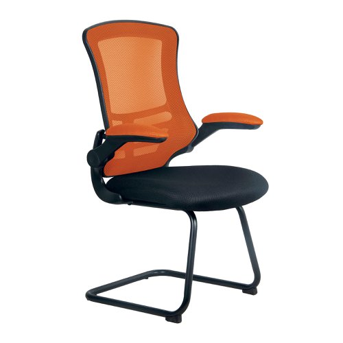 41649NA | Complementing its task chair counterpart but by no means inferior, this contemporary designer visitor chair boasts folding arms, an AIRFLOW mesh seat, posture contoured mesh back with stylish black shell and a sturdy 35mm tubular black frame.