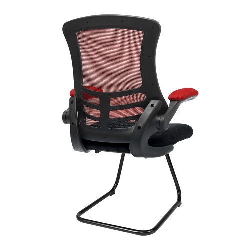 Nautilus Designs Luna Designer High Back Two Tone Mesh Cantilever Visitor Chair With Folding Arms and Black Shell Red/Black - BCM/T1302V/RD