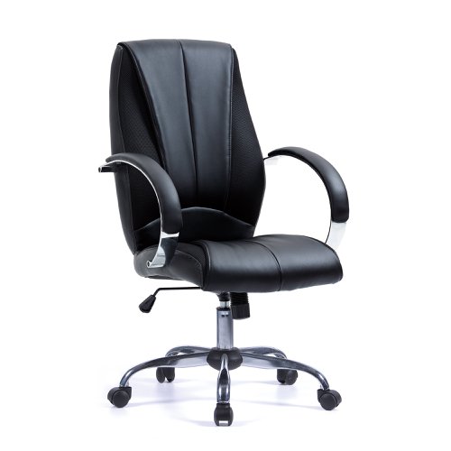 Hastings High Back Bonded Leather Manager Chair with Mesh Panel Detailing, Padded and Upholstered Chrome Fixed Arms and Chrome Base - Black