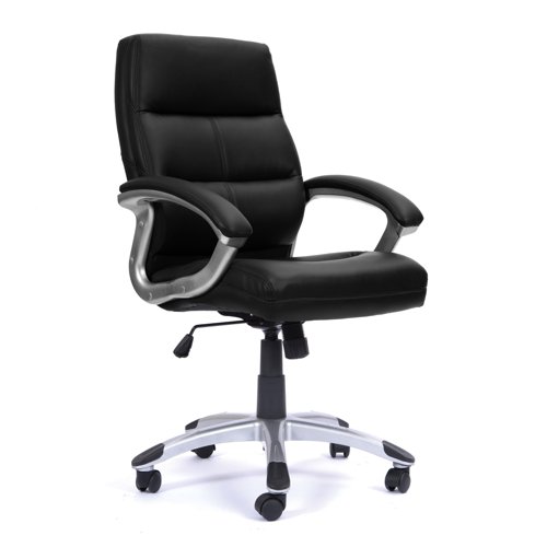 47144NA | This triple panelled high back executive office chair combines comfort, style and function at a great price. Deep panel leather effect detailing on both the seat and backrest are complemented with matching padded and upholstered armrests finished with satin silver arms and coordinated 5 star swivel base. The chair also features seat height adjustment and a fully reclining tilt mechanism with tension control adjustable for individual bodyweight and lockable in the upright position.