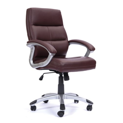 Greenwich High Back Leather Effect Executive Armchair with Silver Detailed Black Nylon Base - Cherry Brown