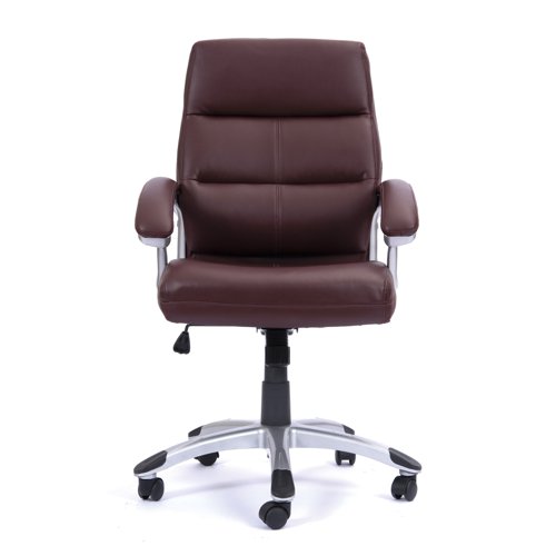 47151NA | This triple panelled high back executive office chair combines comfort, style and function at a great price. Deep panel leather effect detailing on both the seat and backrest are complemented with matching padded and upholstered armrests finished with satin silver arms and coordinated 5 star swivel base. The chair also features seat height adjustment and a fully reclining tilt mechanism with tension control adjustable for individual bodyweight and lockable in the upright position.