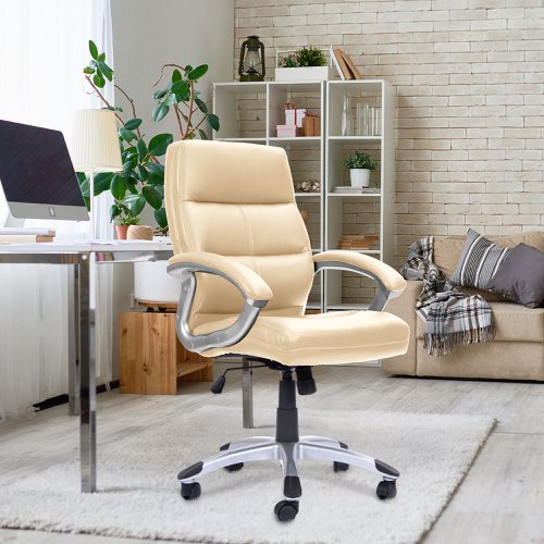 Nautilus Designs Greenwich High Back Leather Effect Executive Office Chair With Contoured Design Backrest and Fixed Arms Cream - BCP/T101/CM