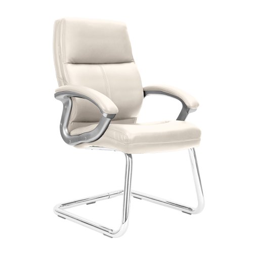 Greenwich High Back Leather Effect Executive Visitor Armchair with Contoured Design Backrest and Chrome Base - Cream