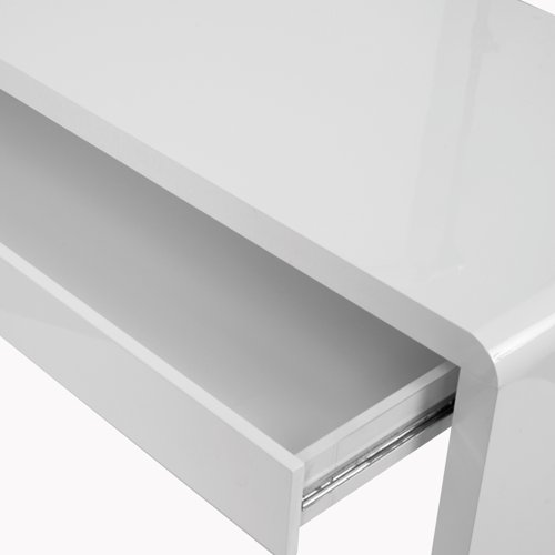 Stylish home office workstation, with spacious worktop made from 42mm hollow board, available in white and black high gloss finishes. Stylish flush drawer spans width of the unit, and open design allows maximum leg room.