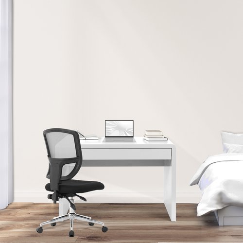41922NA | Stylish home office workstation, with spacious worktop made from 42mm hollow board, available in white and black high gloss finishes. Stylish flush drawer spans width of the unit, and open design allows maximum leg room.