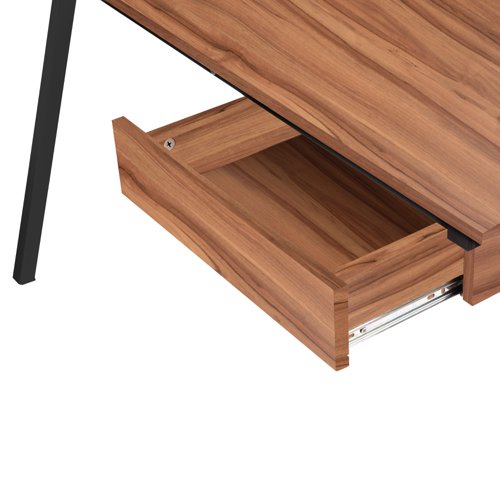 41943NA | Stylish, contemporary home office workstation, with spacious worktop made from 15mm MFC, available in oak and walnut finishes.It features steel square tubular legs - Powdercoated for durability and a stylish suspended drawer and spacious under desk area formaximum leg space.