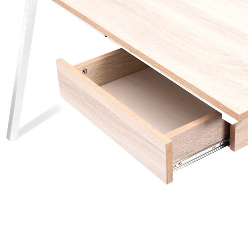 Tyrol Compact Workstation with Suspended Underdesk Drawer - White Frame - Oak Finish