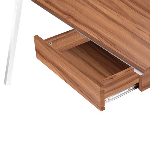 Stylish, contemporary home office workstation, with spacious worktop made from 15mm MFC, available in oak and walnut finishes.It features steel square tubular legs - Powdercoated for durability and a stylish suspended drawer and spacious under desk area formaximum leg space.