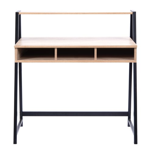 Nautilus Designs Vienna Compact Two Tier Workstation with Stylish Feature Frame and Upper Storage Shelf Oak Finish Black Frame - BDW/I203/BK-OK