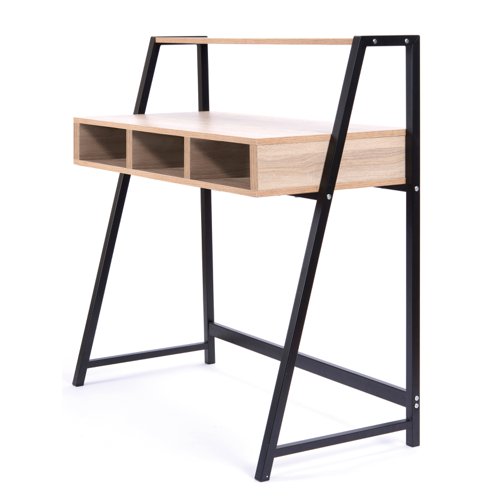 Vienna Compact Two Tier Workstation with Stylish Feature Frame and Upper Storage Shelf - Black Frame - Oak Finish