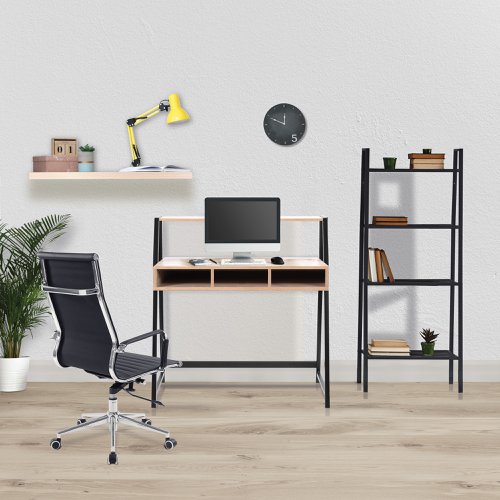 Stylish and contemporary home office workstation, with spacious worktop made from 15mm MFC - available in oak and walnut finishes. It features a steel square tubular frame - Powdercoated for durability, a complementing upper shelf and three open integral storage compartments which span the width of the unit.