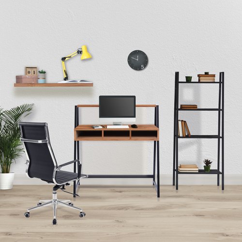 41971NA | Stylish and contemporary home office workstation, with spacious worktop made from 15mm MFC - available in oak and walnut finishes. It features a steel square tubular frame - Powdercoated for durability, a complementing upper shelf and three open integral storage compartments which span the width of the unit.