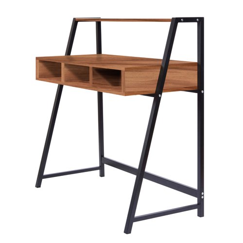 Vienna Compact Two Tier Workstation with Stylish Feature Frame and Upper Storage Shelf - Black Frame - Walnut Finish