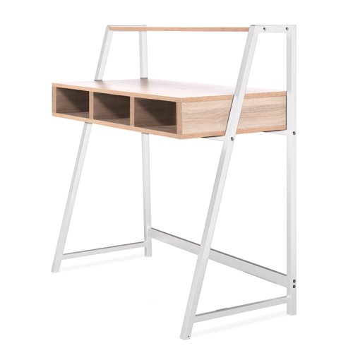 Vienna Compact Two Tier Workstation with Stylish Feature Frame and Upper Storage Shelf - White Frame - Oak Finish