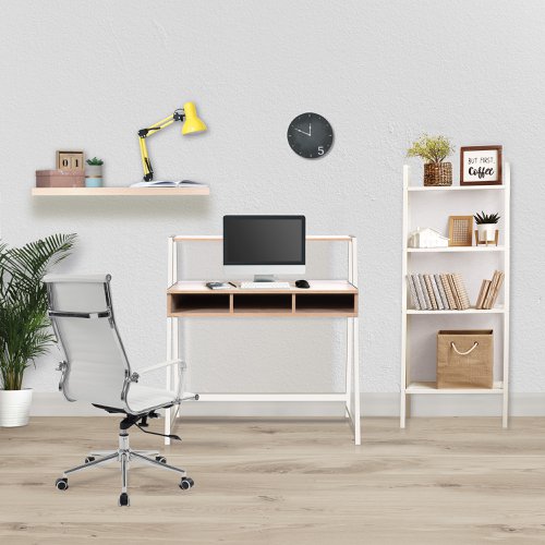 Nautilus Designs Vienna Compact Two Tier Workstation with Stylish Feature Frame and Upper Storage Shelf Oak Finish White Frame - BDW/I203/WH-OK