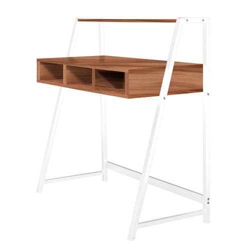 Vienna Compact Two Tier Workstation with Stylish Feature Frame and Upper Storage Shelf - White Frame - Walnut Finish
