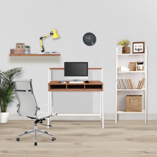 Nautilus Designs Vienna Compact Two Tier Workstation with Stylish Feature Frame and Upper Storage Shelf Walnut Finish White Frame - BDW/I203/WH-WN 41957NA